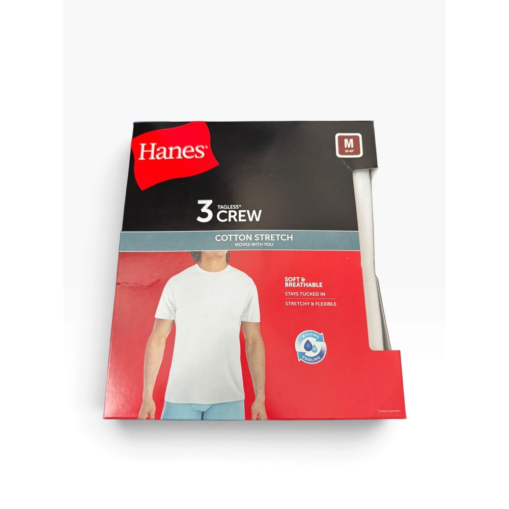 Hanes 3 Pack Mens Tagless Crew Cotton Stretch Undershirts White Medium NEW